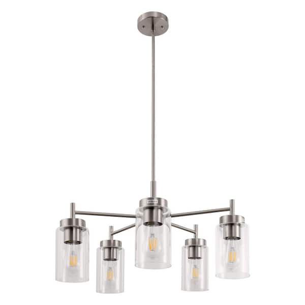 5-Light Pendant Light Perfect for Kitchen or Bedroom in Brushed Nickel with Clear Glass Shades