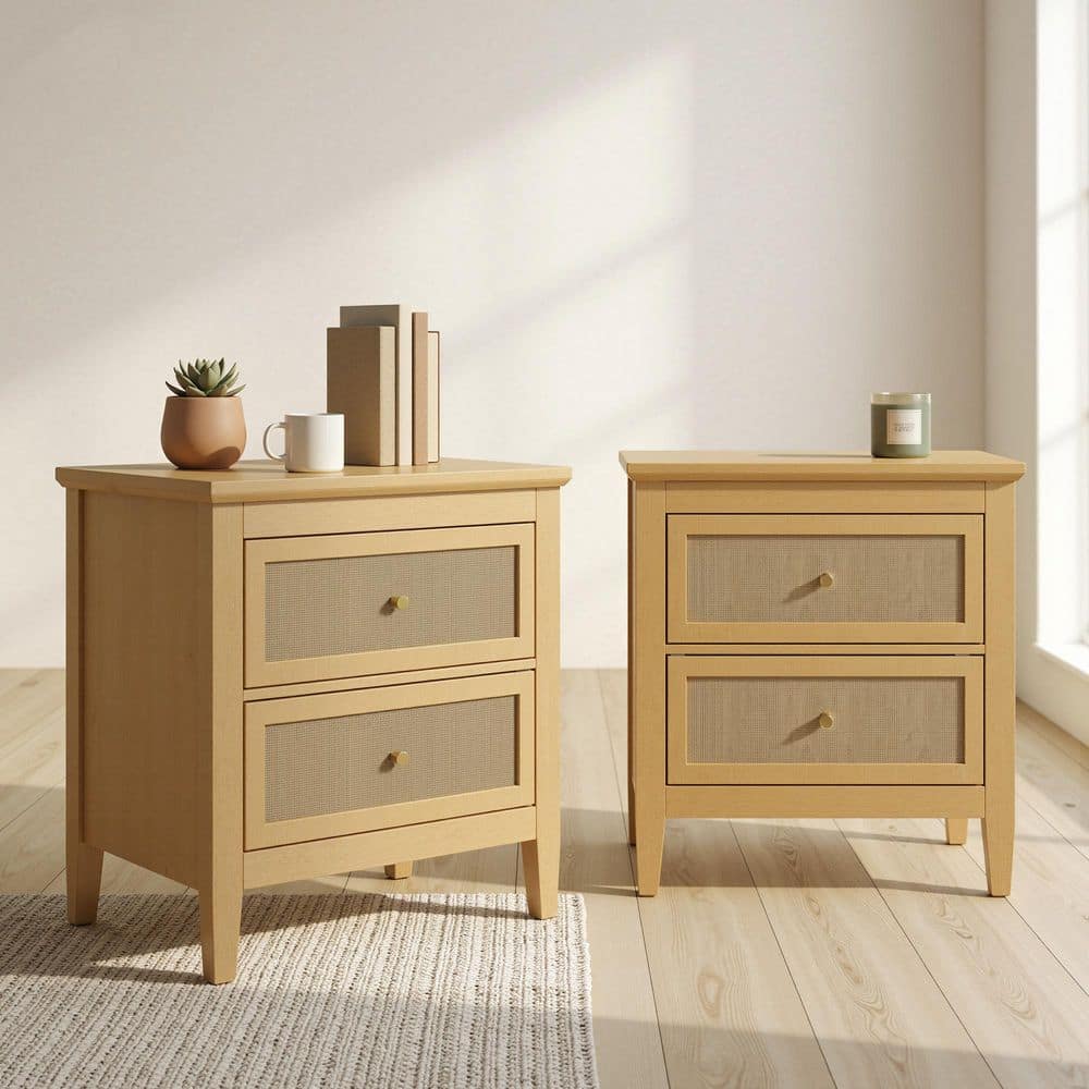 Nightstands Set of 2 with 2 Drawers Rattan Boho Bedside Table Wood Night Stand w/ Gold Knobs for Bedroom, Natural Oak