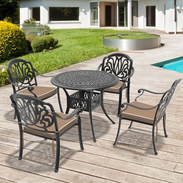 5-Piece Black Cast Aluminum Patio Outdoor Dining Set with Round Table and 4 Chairs with Brown Cushions