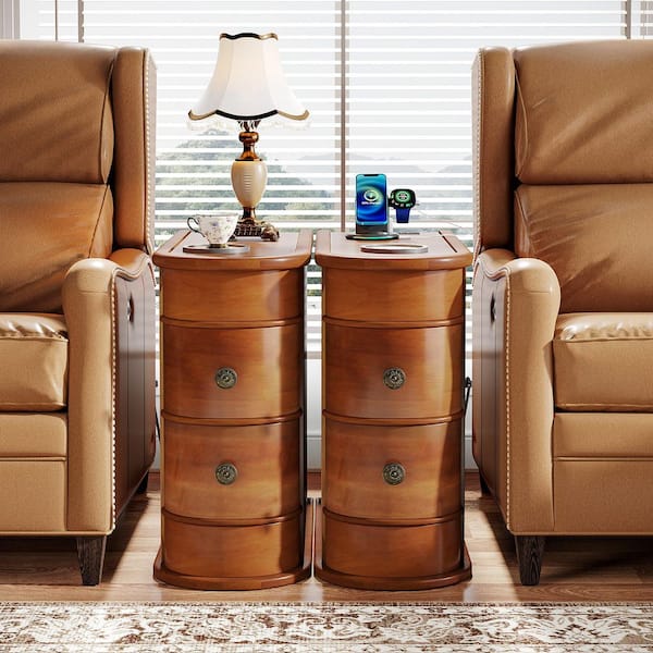 BYBLIGHT Kerlin 23.62 in. Brown Rectangle Wood End Table with Charging Station (Set of 2)
