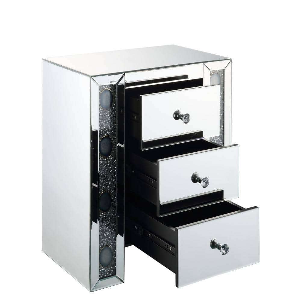 Elegant Mirrored 3-Drawer Nightstand with Faux Agate Inlay