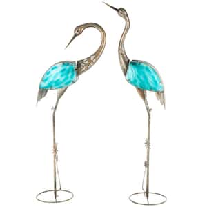 50 in. Oversized Metal Tall Weathered Crane Garden Sculpture with Teal Feathers and Floral and Cutout Details (2-Pack)