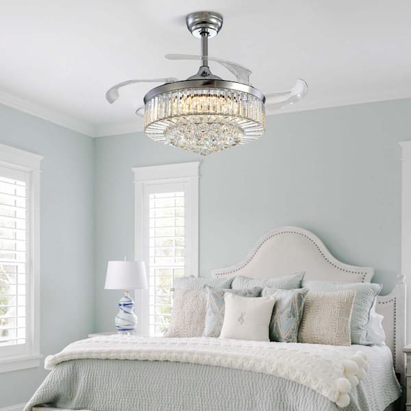 48 in. Indoor Chrome Color Smart Retractable Crystal Ceiling Fan with Adjustable LED Light Included with Remote
