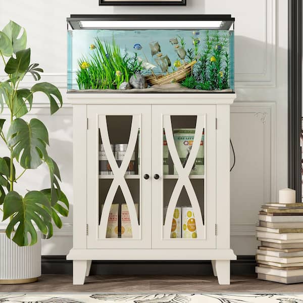27.75 in. 20 Gal. Wood Stand with Adjustable Shelves, Fish Tank Stand with Power Outlet and Cabinet Storage,Beige