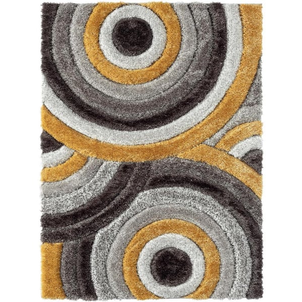 LUXE WEAVERS Lantanas Collection Yellow 8 ft. x 10 ft. Shag Geometric Circles Polypropylene Area Rug