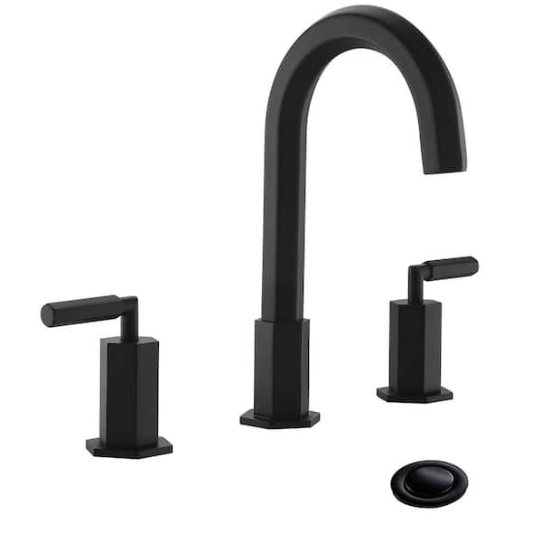 Unbranded Hexagonal 8 in. Widespread 2 Handle 3 Hole Matte Black Bathroom Faucet, With Metal Pop-Up Drain and Water Supply Line