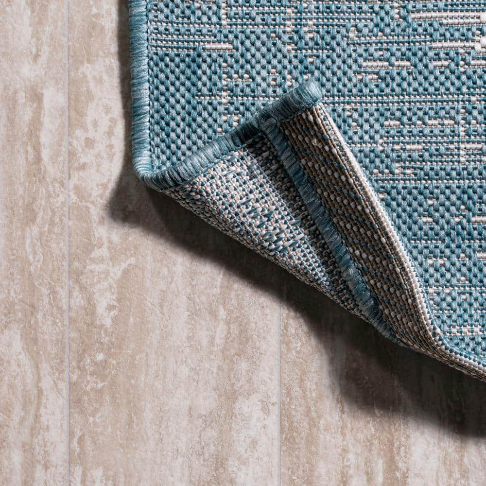 Aqua and Ivory Geometric Synthetic 3' x 5' Indoor/Outdoor Area Rug