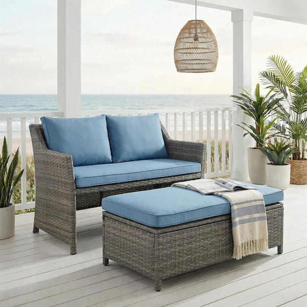 Gray 2-Piece Wicker Patio Conversation Sectional Set with Storage Ottoman, Navy Blue Cushion