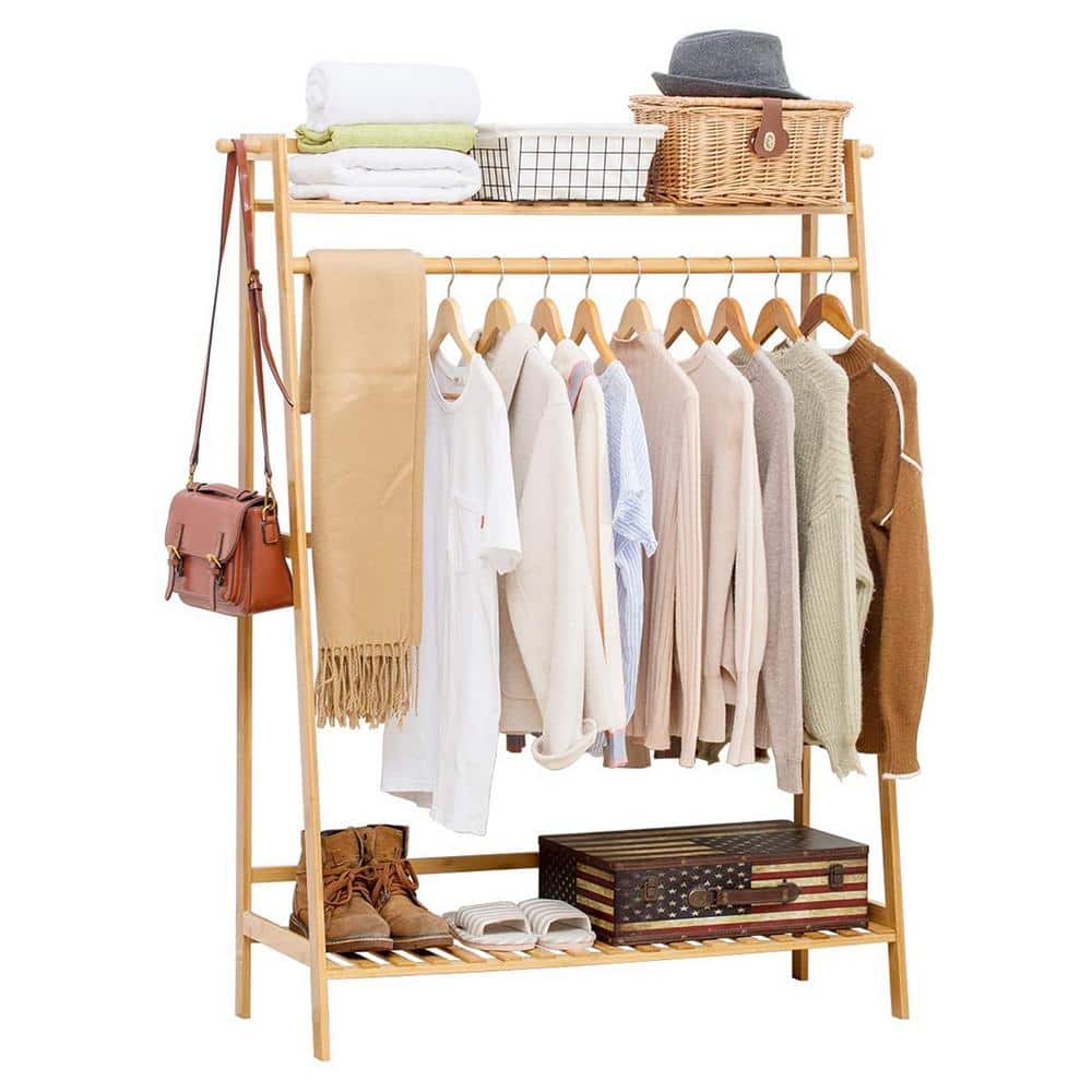 Natural Bamboo Garment Clothes Rack with Shelves 39.4 in. W x 54.7 in. H