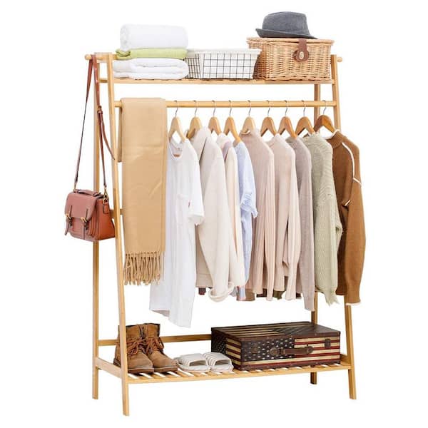 Natural Bamboo Garment Clothes Rack with Shelves 39.4 in. W x 54.7 in. H  rack-279 - The Home Depot
