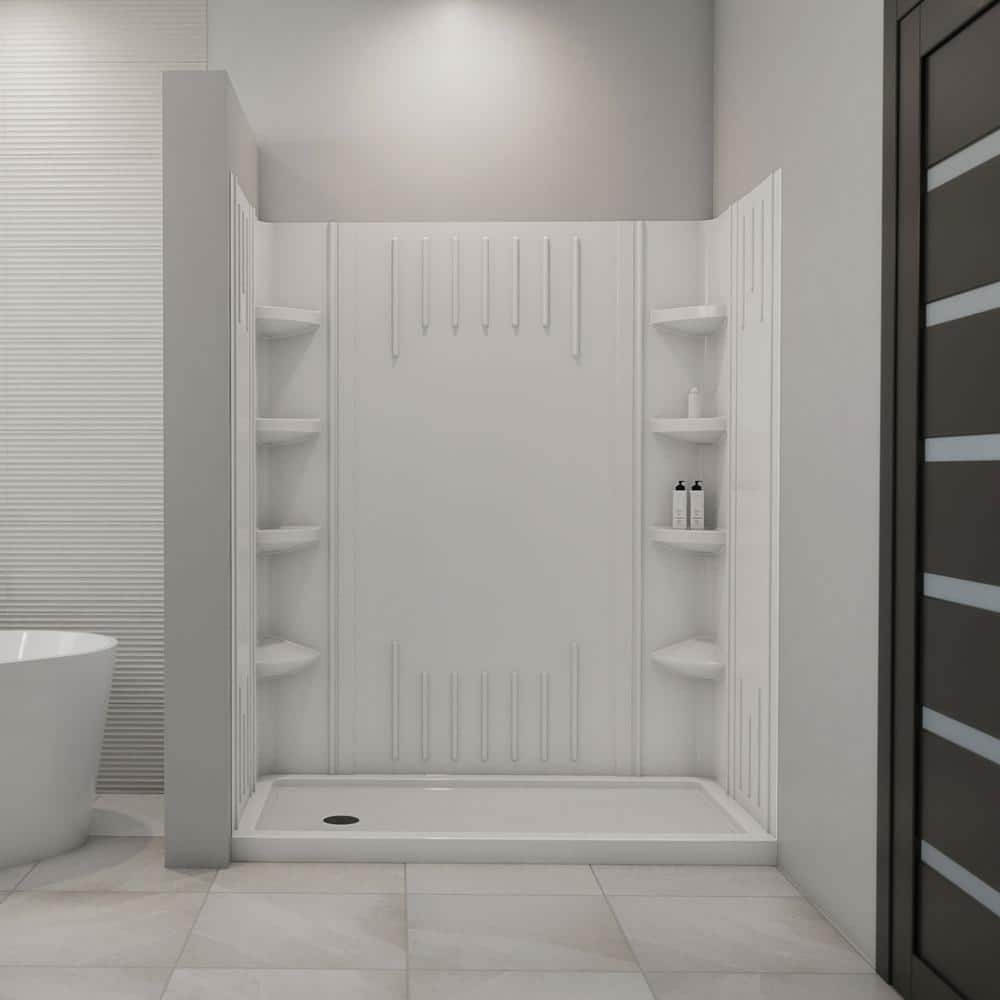 White Acrylic 60" x 36" Alcove Shower Kit with Shelves