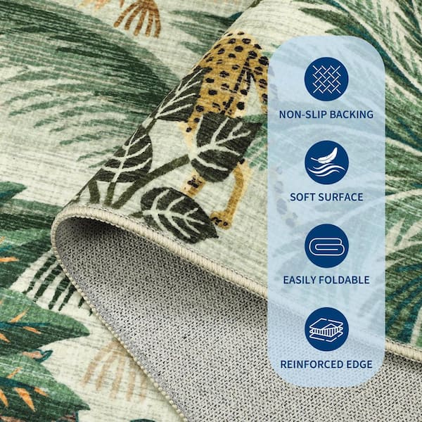 Green 8 ft. x 10 ft. Jungle Plant Print Rug Machine Washable Ultra