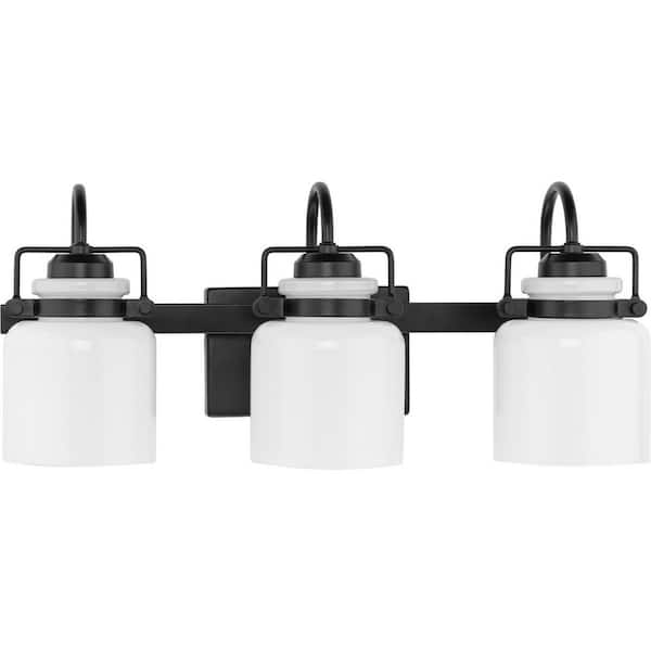 Progress Lighting Fessler Collection 21.12 in. 3-Light Matte Black Opal Glass Farmhouse Vanity Light
