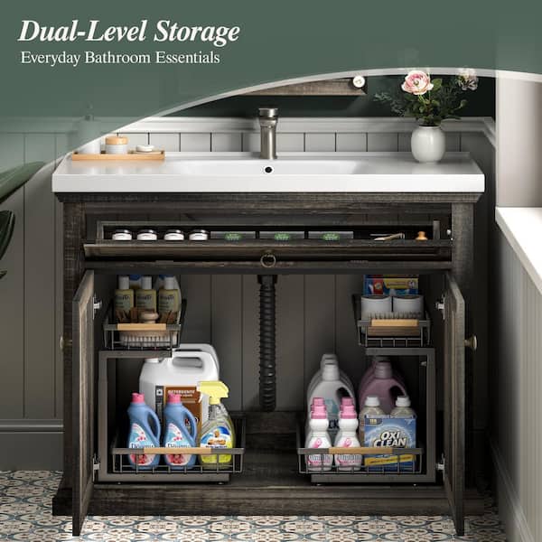 Rustic 36 in. Single Bath Vanity in Distressed Brown with White Ceramic Top, Faucet and Drain Included