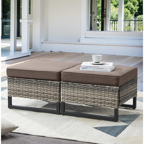 Pocassy 2-Pack Gray Wicker Outdoor Ottoman Steel Frame Footstool with Removable Gray Cushions