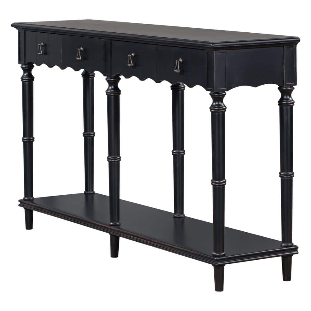 63 in. L Antique Black Rectangle Wood Country Console Table with 4 Front Fa