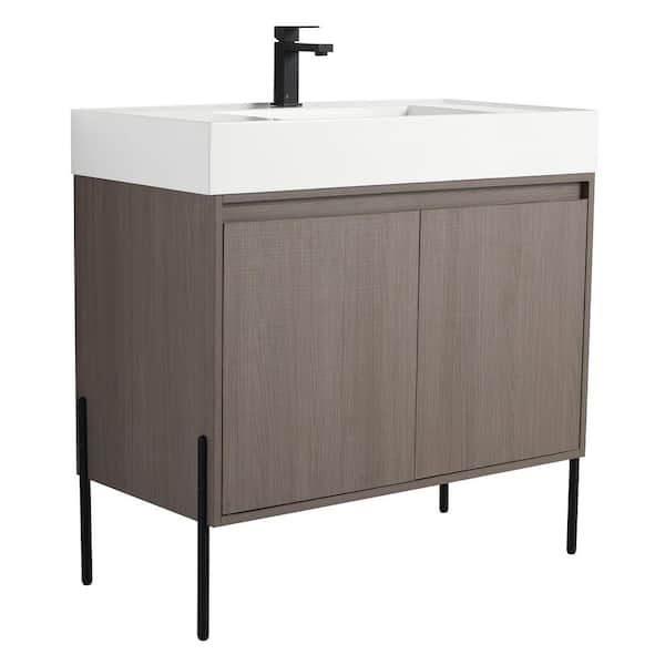 Crownpoint 36 in. Freestanding Single Gray Oak Bathroom Vanity with White Acrylic Sink Top Unassembled