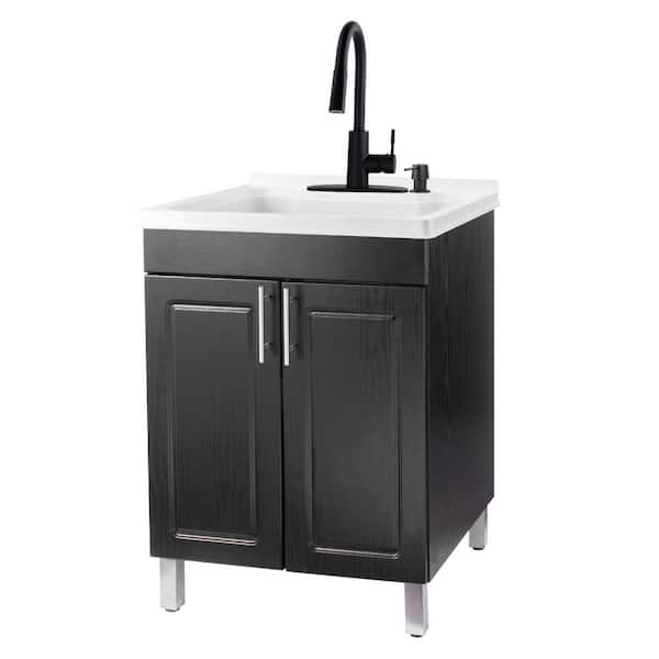 TEHILA 18 Gallons 21.75 in. x 25 in. Thermoplastic Freestanding Laundry Sink, Black Faucet, Black Cabinet, Soap Dispenser