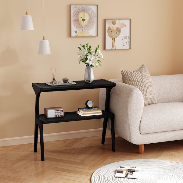 BYBLIGHT Kerlin 27. 56 in. Black Rectangle All Solid Wood Side Table, Minimalist End Table with Shelves for Living Room