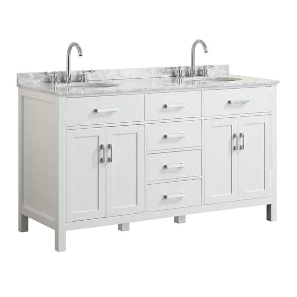BEAUMONT DECOR Hampton 61 in. W x 22 in. D Bath Vanity in White with Marble Vanity Top in White