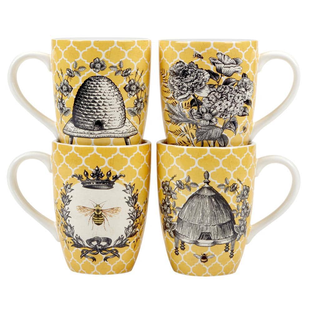 French Bees Yellow and White Ceramic 20 oz. Mugs, Set of 4