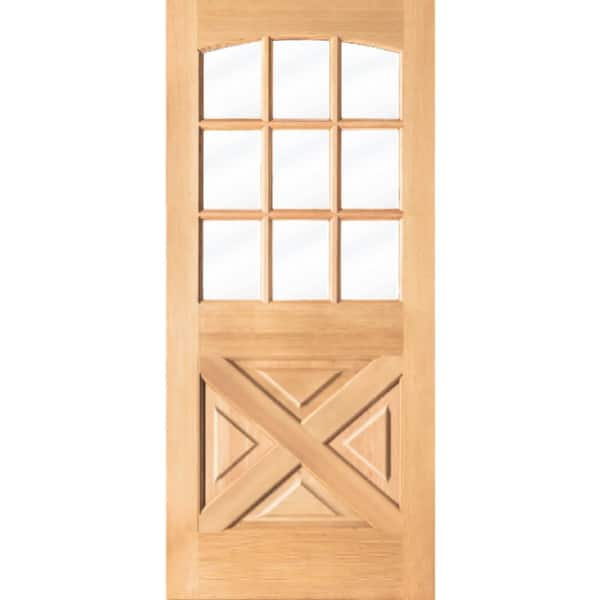 36 in. x 80 in. Farmhouse Arch Top Universal Handing 9 Lite Clear Glass X-Panel Unfinished Hemlock Wood Front Door Slab