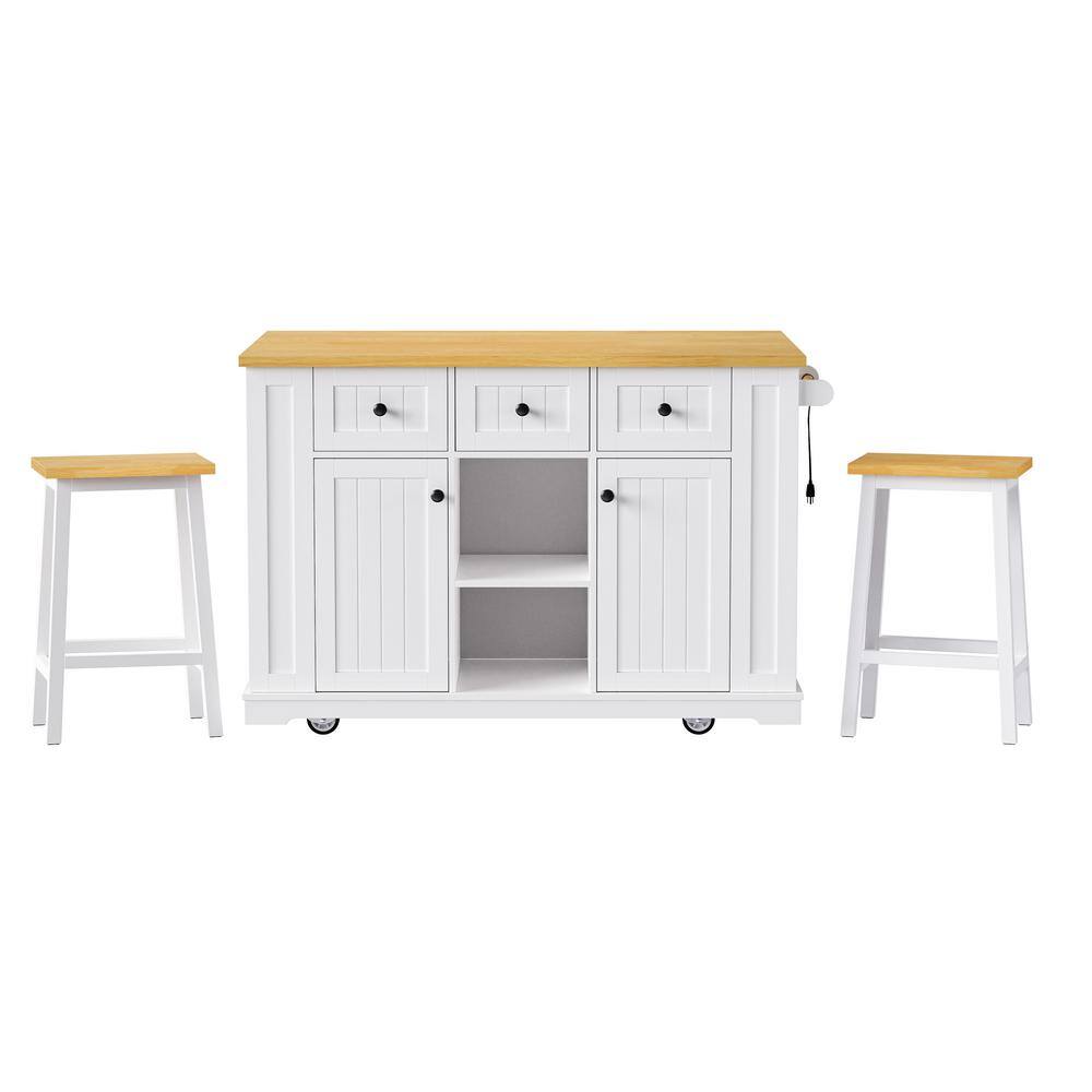 White Wood 50in. Large Kitchen Island with 2 Bar Stools, Power Outlet, Internal Storage Rack, Drop Leaf, 3 Drawers
