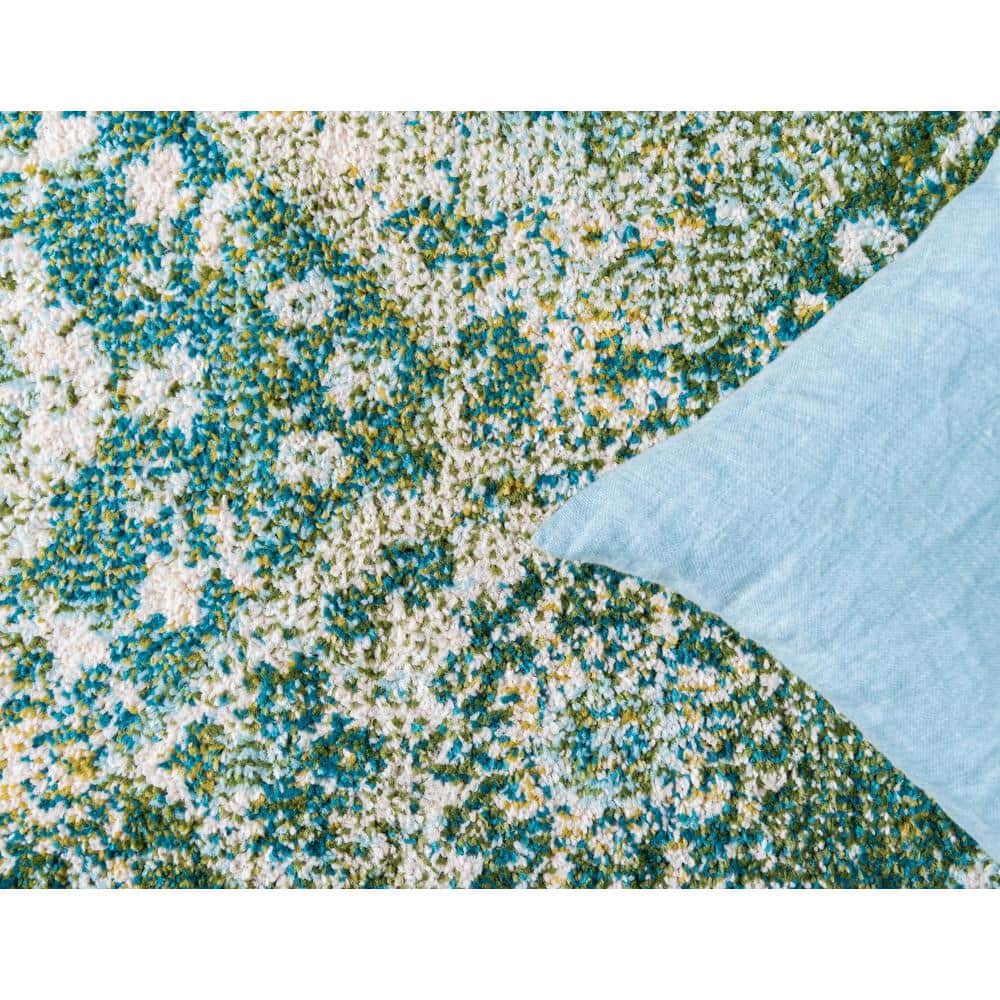 Green and Beige Synthetic Runner Rug with Traditional Design