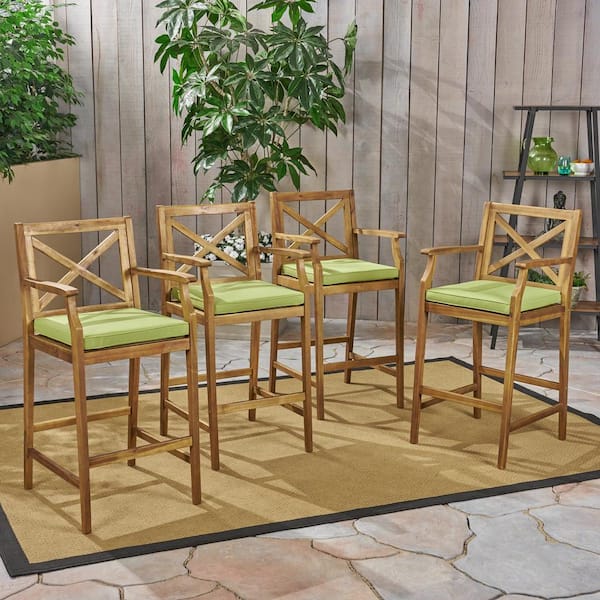 Noble House Perla Teak Brown Wood Patio Outdoor Bar Stool with Green Cushion (4-Pack)