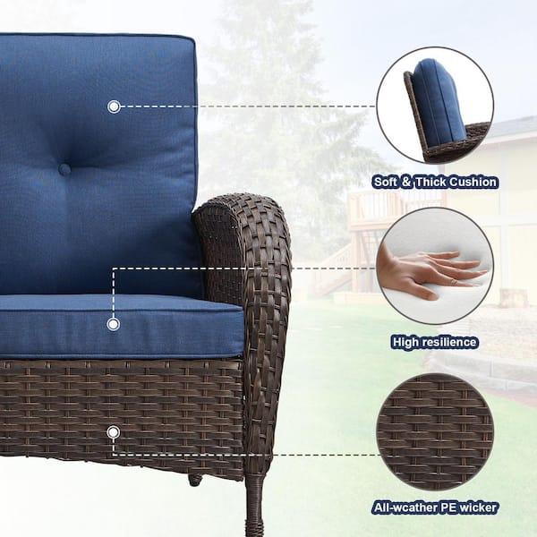 Brown 5-Piece Wicker Patio Conversation Set with Armchairs, Outdoor Loveseat Seating Set with Navy Blue Cushions
