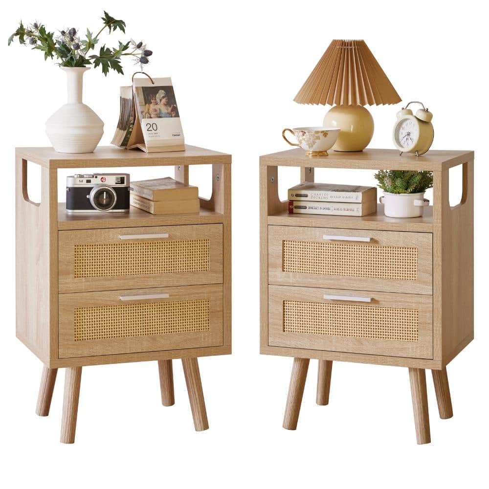 15.4 in. Natural Wood Rectangular Engineered Wood End Table with 2 Drawers and Storage durable construction