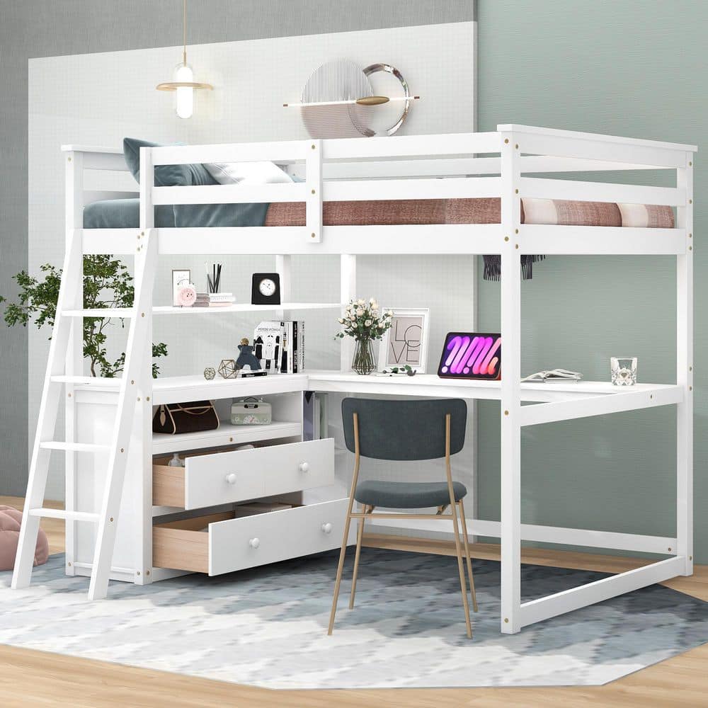 White Full Pine and MDF Loft Bed with Desk and Shelves