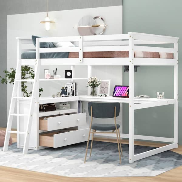 White Full Pine and MDF Loft Bed with Desk and Shelves