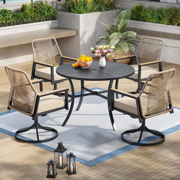5-Piece Black Metal Patio Outdoor Dining Set with Round Table and Woven Rope Swivel Chair with Beige Cushions