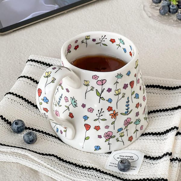 Numhew 20 oz. White Ceramic Summer Floral Irregular Oversized Coffee Mug with Handmade Big Handle for Daily Drinks (Set of 1)