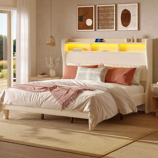 Beige Wood Frame King Size Fluted Corduroy Fabric Platform Bed with Double-Layer Storage, Power Outlets and LED Light
