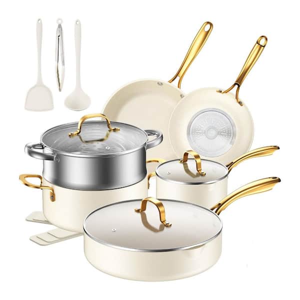 15-Piece Nonstick Diamond Ceramic Coated Cookware Set Gold White Oven Safe Induction Compatible Kitchen Set