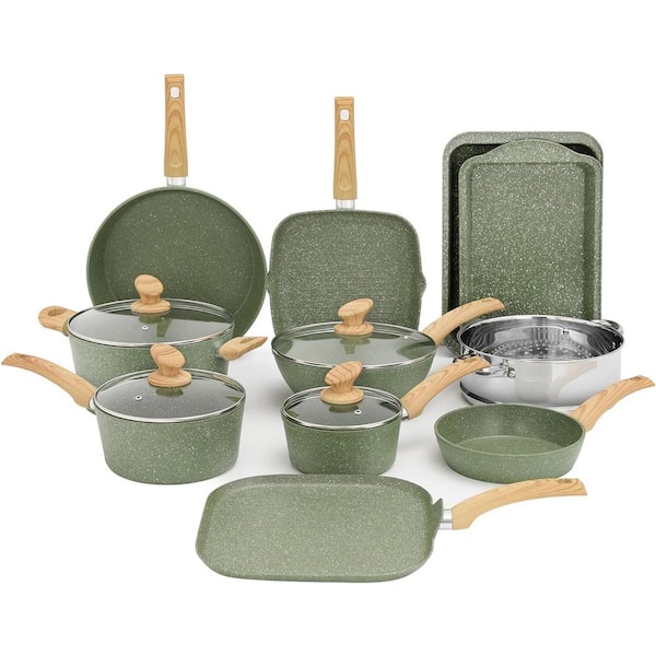 Adrinfly 17-Piece Assorted Granite Non-Stick Pots and Pans Cookware Set for Kitchen Cooking in Green