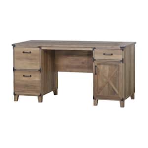 Oxford 59 in. Rectangular Rustic Oak Wood 3 Drawer Executive Desk with Storage