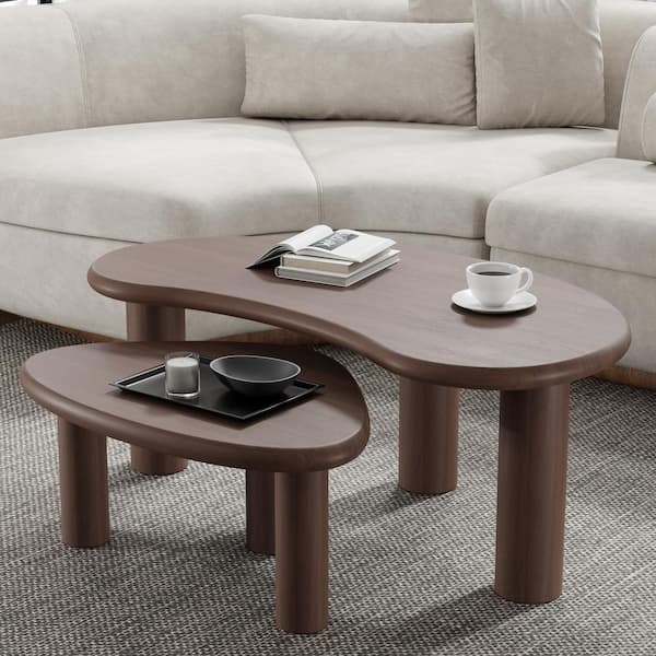 Dovelina Cashew 48 in. Modern Walnut Solid Wood Oak Kidney-Shaped Wood Coffee Table with 2-Pieces