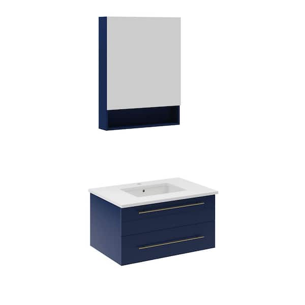 Fresca Lucera 30 in. Single Sink Wall Mount Royal Blue Bath Vanity with White Quartz Top, Undermount Sink and Medicine Cabinet