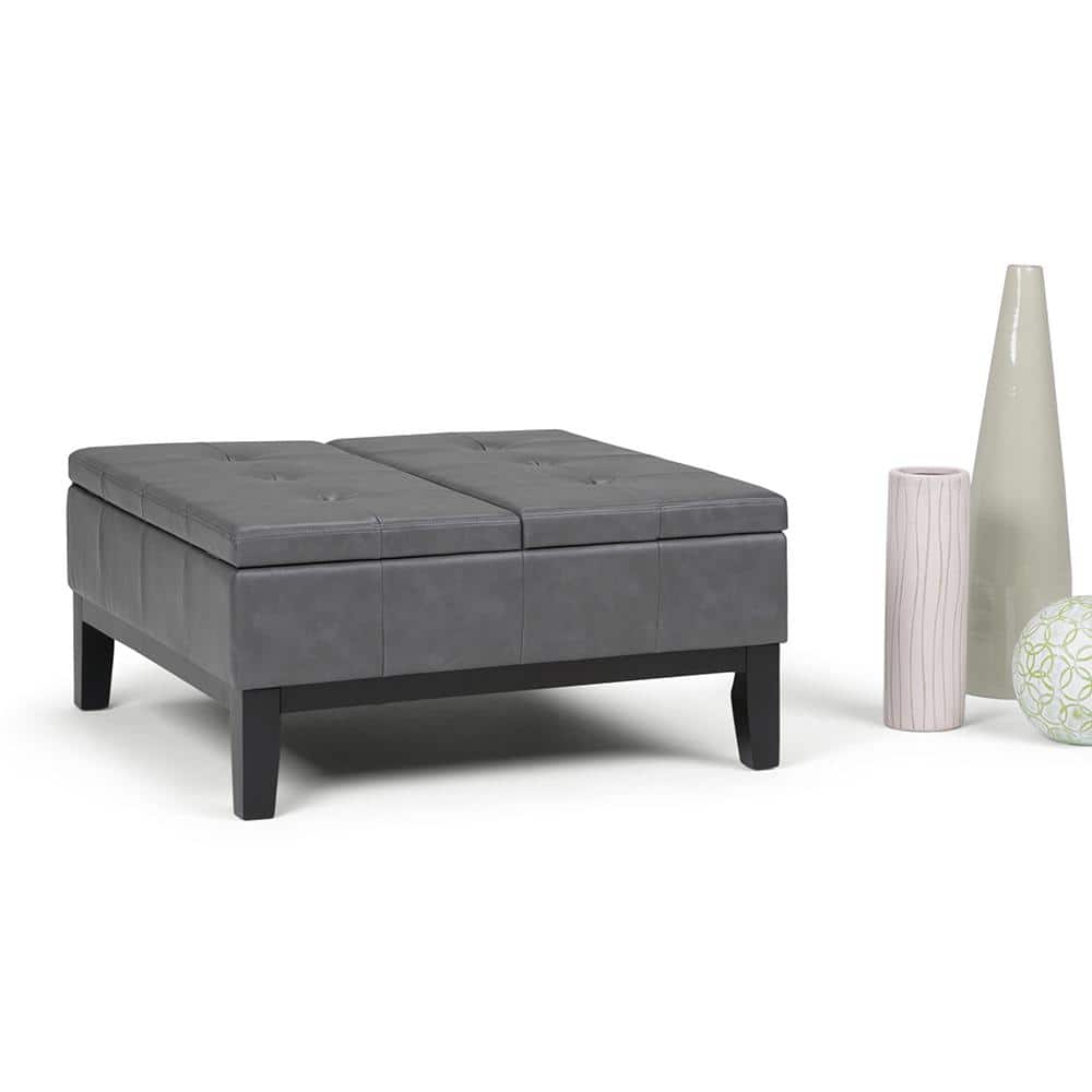 Stone Gray Faux Leather Tufted Square Cocktail Ottoman with Storage