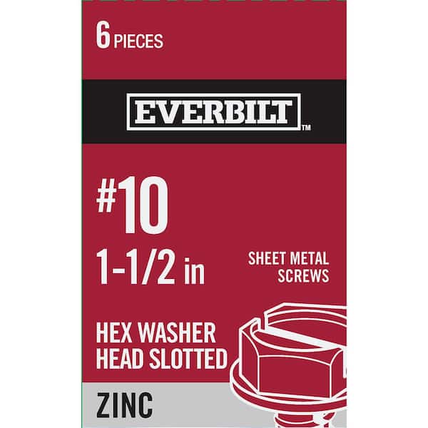 Everbilt #10 x 1-1/2 in. Slotted Hex-Head Sheet Metal Screws (6 Per Pack)