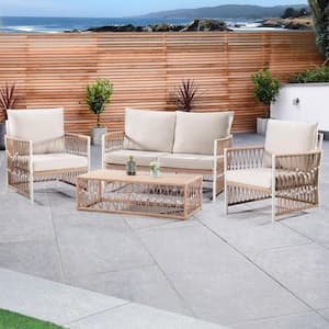 4 Pieces Wicker Outdoor Patio Sectional Set with 2 Chairs, 1 Loveseat, 1 Coffee Table and Beige Cushions