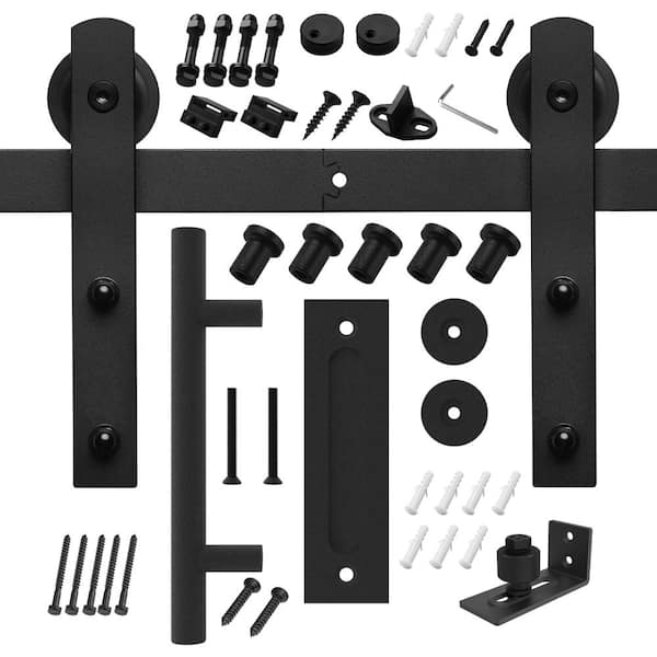 Boyel Living 6.6 ft./79 in. Black Steel Straight Strap Sliding Barn Door Track and Hardware Kit w/12 in. Ladder Pull and Flush Handle