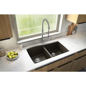 Undermount Quartz Composite 33 in. 50/50 Double Bowl Kitchen Sink in Brown
