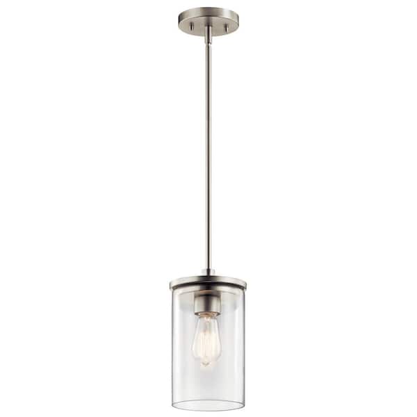 Crosby 1-Light Brushed Nickel Contemporary Shaded Kitchen Mini Pendant Hanging Light with Clear Glass