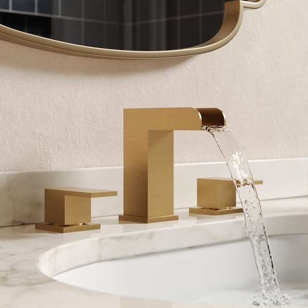 Waterfall Spout 8 in. Widespread Double Handle Bathroom Faucet 1.0 GPM in Brushed Gold Valve Included Stainless Steel