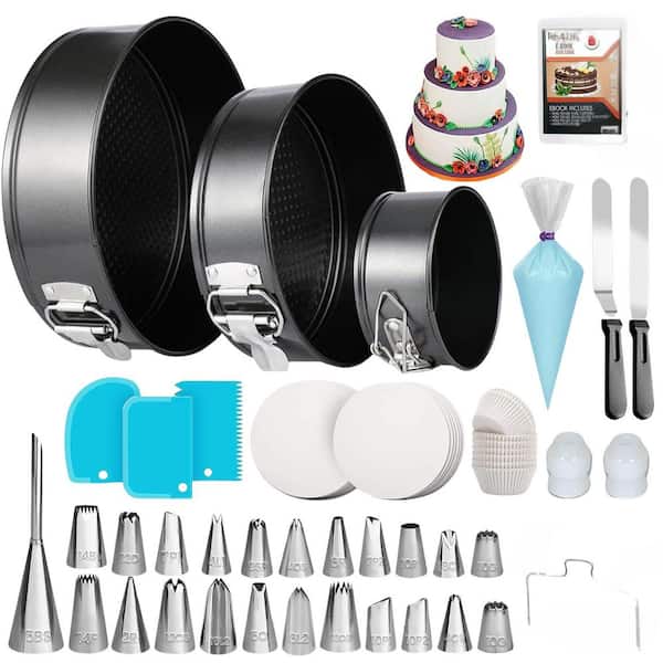 Adrinfly 150-Piece Carbon Steel Cake Pan Set for Baking, Cake Decorating Supplies,3 Round Non Stick, 24 Icing Tips & Cake Leveler