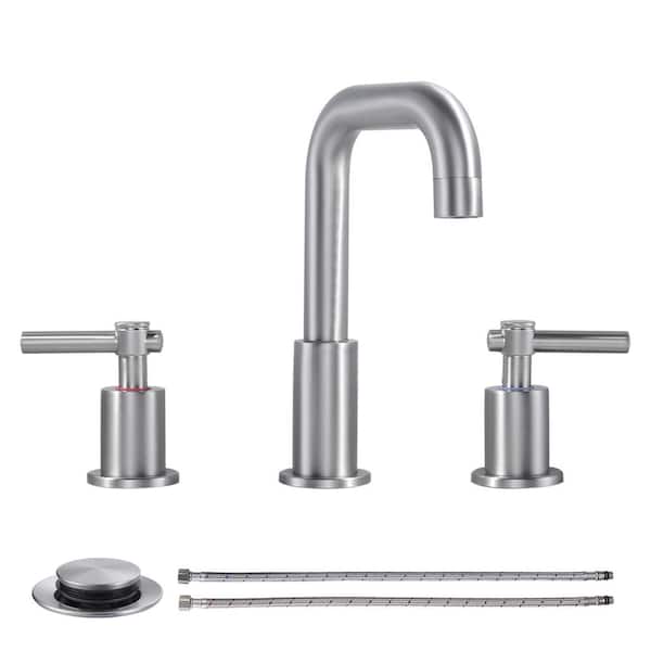 WOWOW 3 Hole 8 in. Widespread Double Handle High Arc Bathroom Faucet with Drain Kit Included and Supply Line in Brushed Nickel